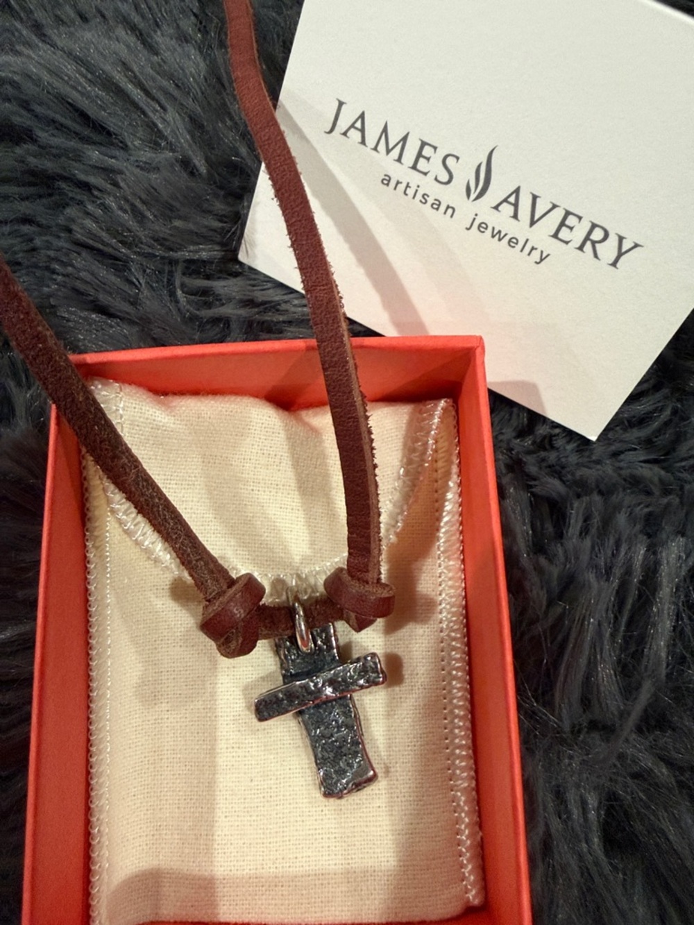 Retired James Avery Rugged Cross Brown Leather Cord with Sterling Cross Pendant